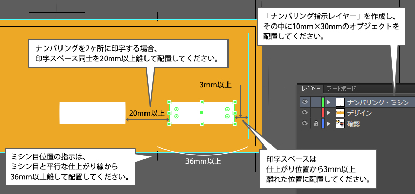 ナンバリング位置とミシン位置の指示図